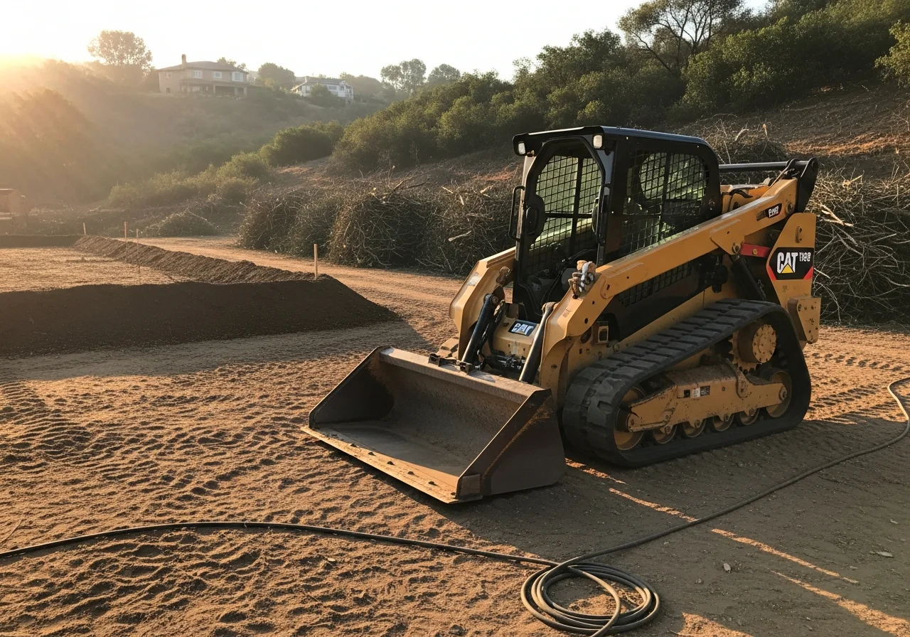 Heavy equipment operator in Caterpillar compact track loader performing land clearing and vegetation removal on residential property.