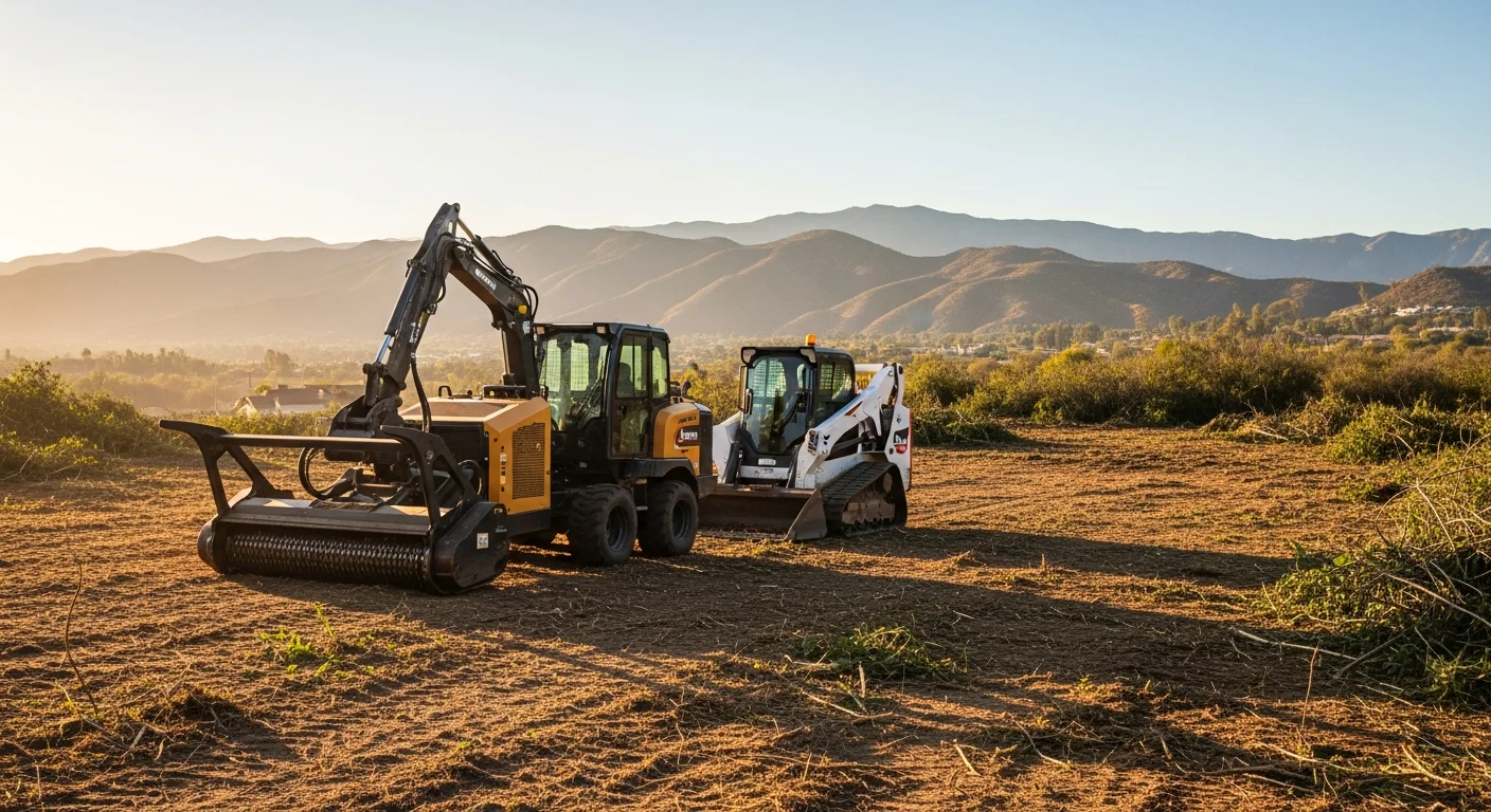 Caterpillar compact track loader clearing overgrown vegetation from residential property