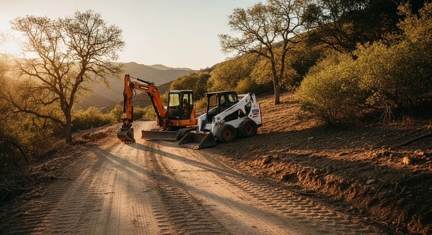 Equipment maintaining road and clearing vegetation on rural property