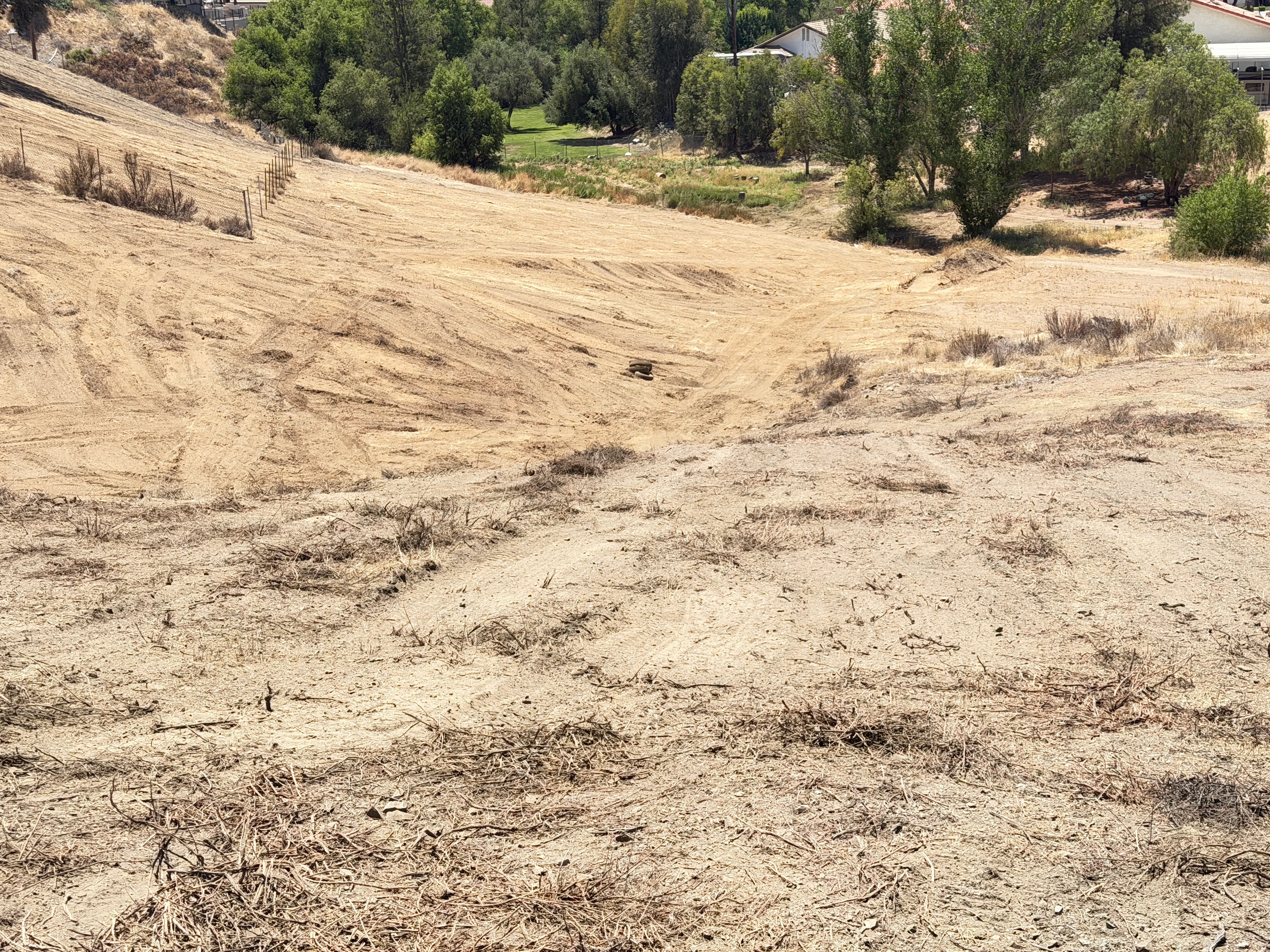 Cleared hillside lot with graded dirt and preserved trees in background