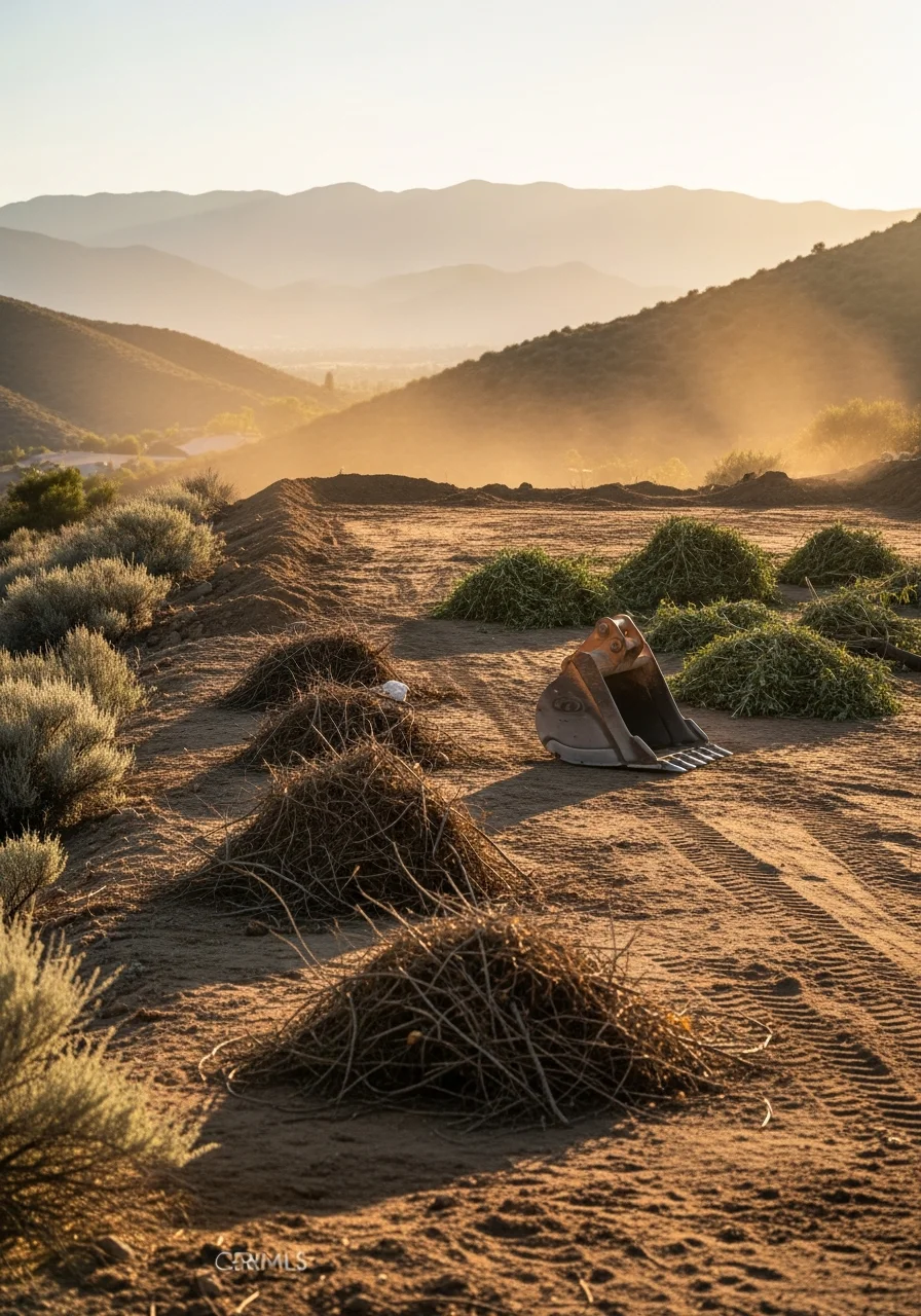 Land clearing equipment working on hillside property in Beaumont with mountain backdrop