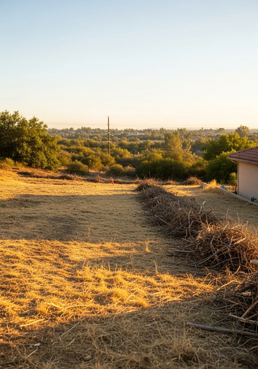 Fire defensible space clearing around Corona home with vegetation management