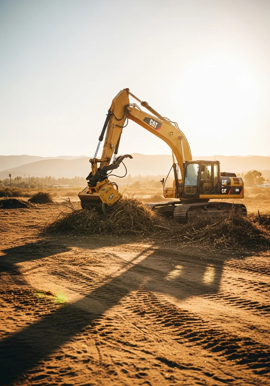 Professional land clearing equipment removing brush and dead trees in San Jacinto Valley