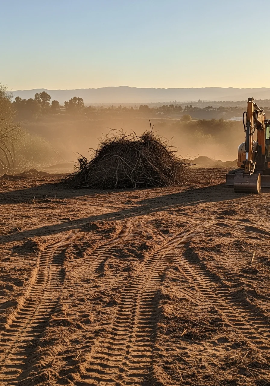 Heavy equipment clearing brush and vegetation from Menifee property for fire safety