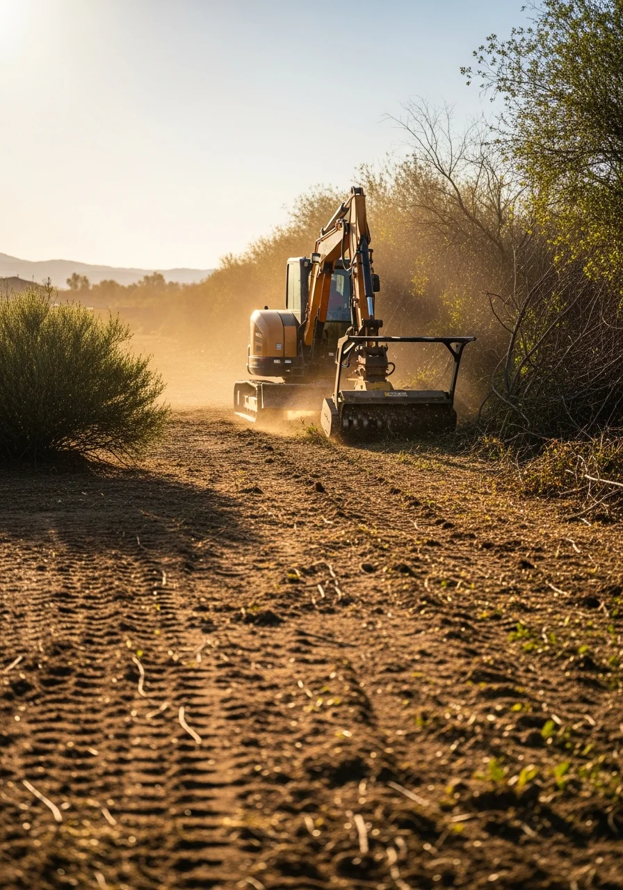 Professional land clearing equipment removing vegetation and brush from Moreno Valley property