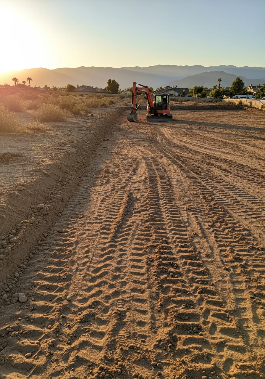 Land clearing equipment working on Norco residential property with mountain backdrop