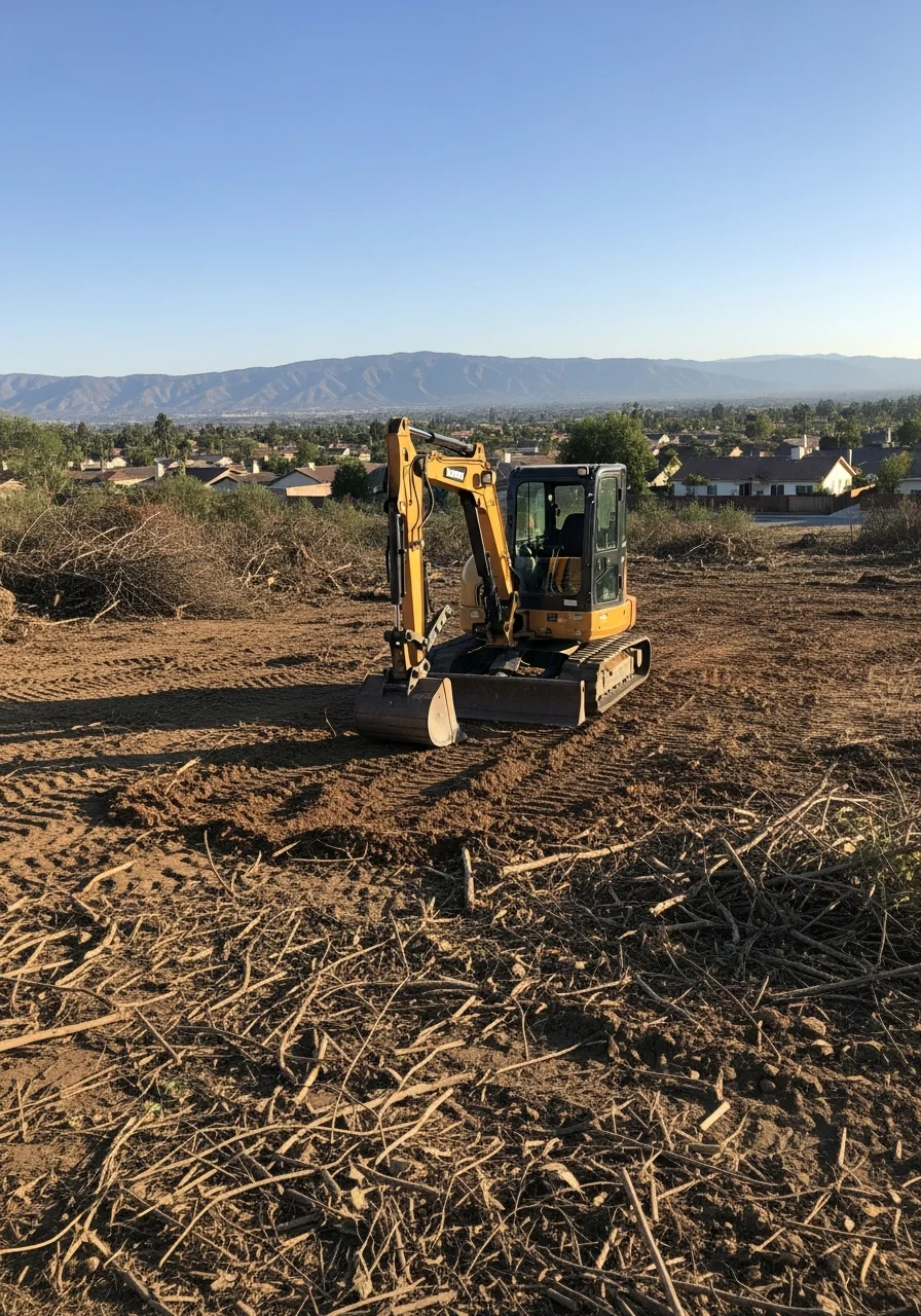 Land clearing equipment removing vegetation from Riverside County property