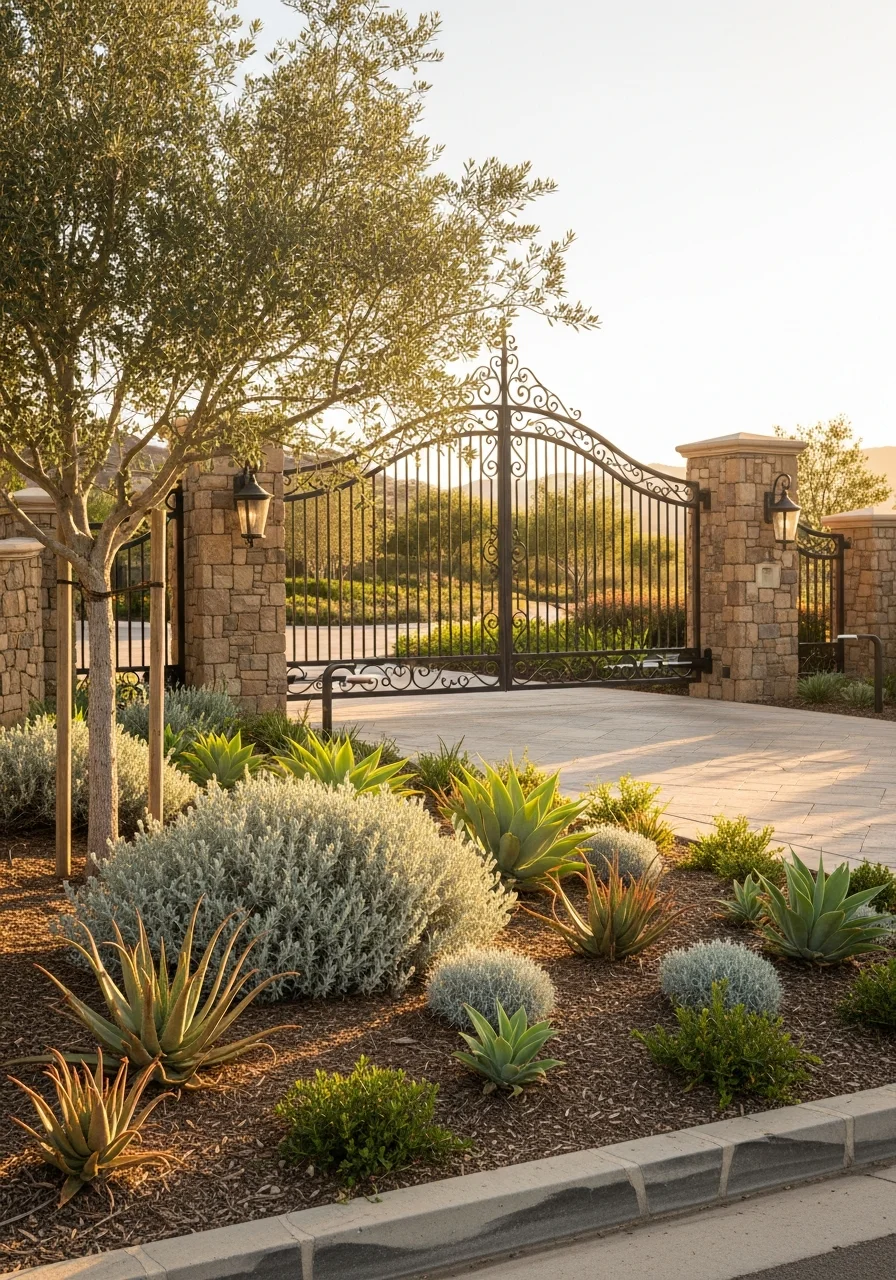 Entrance gate and landscaped driveway of a luxury Rancho Santa Fe home with native plantings.