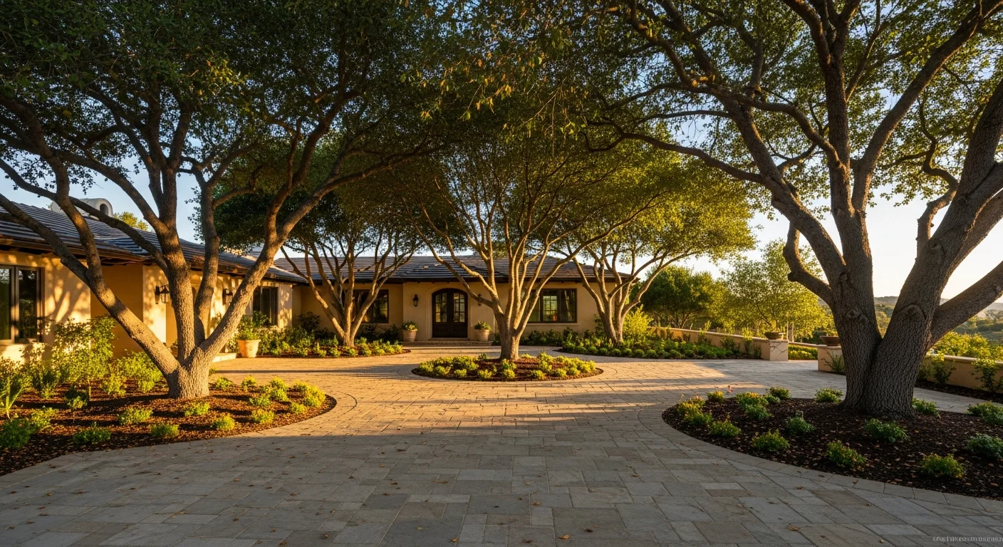 Manicured gardens and stone pathways at a Rancho Santa Fe estate with mature trees and custom hardscaping.