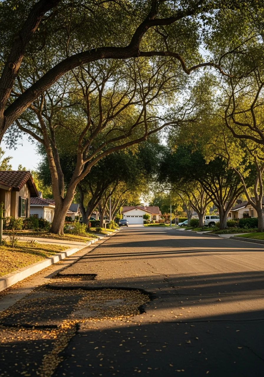 Residential street in a Riverside County neighborhood with mature trees and established homes.