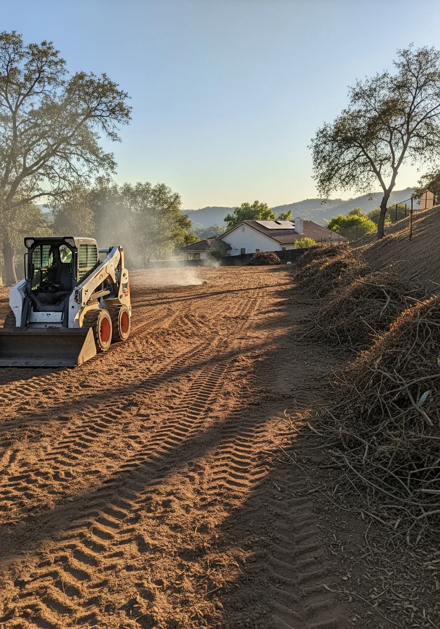 Land clearing equipment working on residential property in Wildomar with fire defensible space preparation