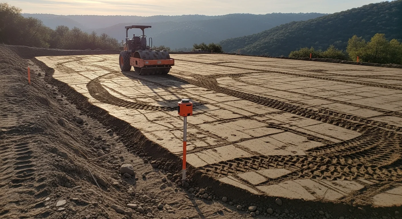 A freshly graded and compacted building pad on a sloped Rancho Santa Fe estate lot, with surrounding granitic hillside terrain visible and excavation equipment staged at the site edge. The level pad surface shows clean soil compaction lines and a clear drainage slope away from the prepared area.