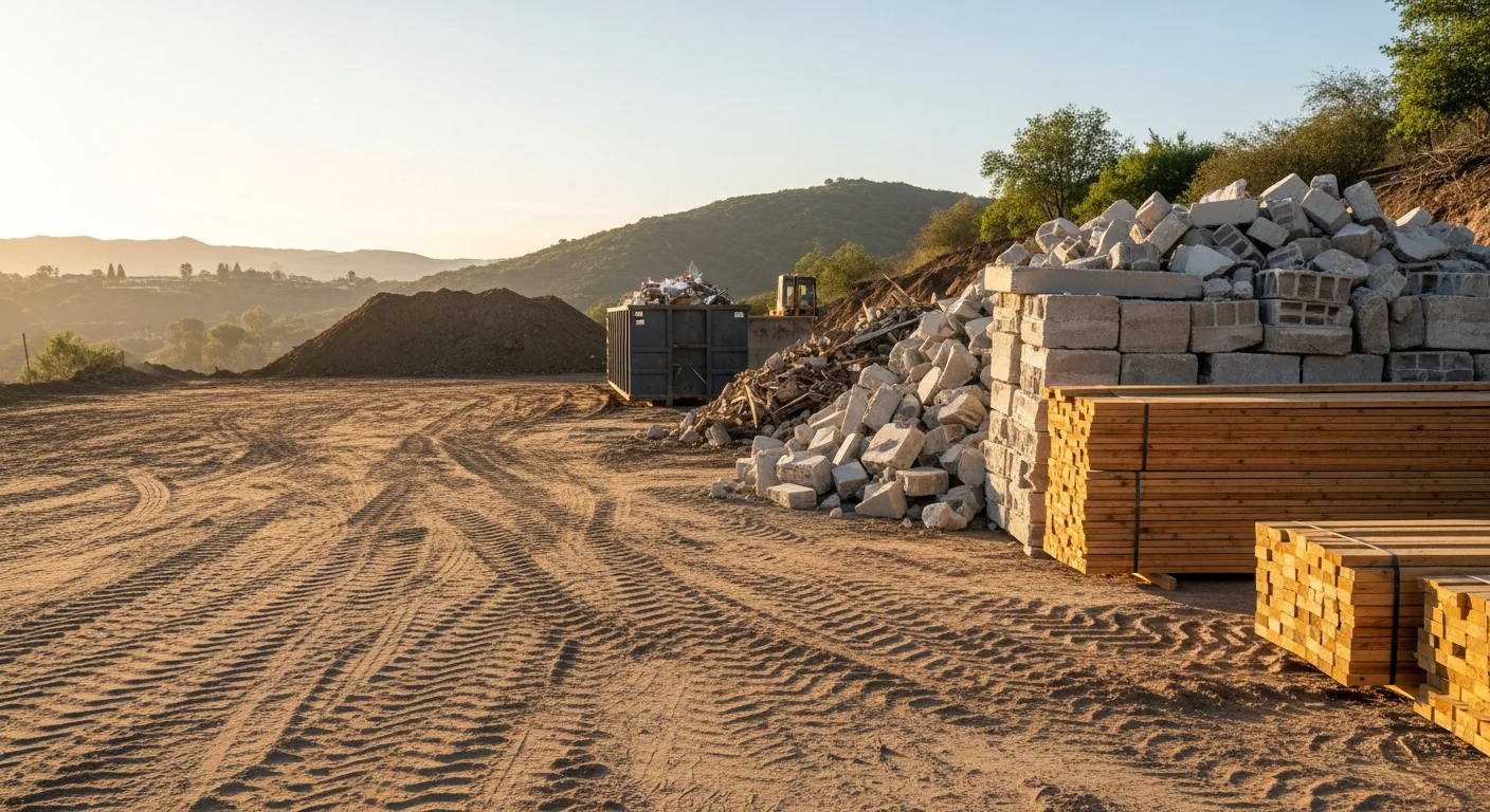 A cleared multi-acre residential lot in Rancho Santa Fe after demolition cleanup, with all concrete debris and structural waste removed. The ground is leveled and ready for new construction.