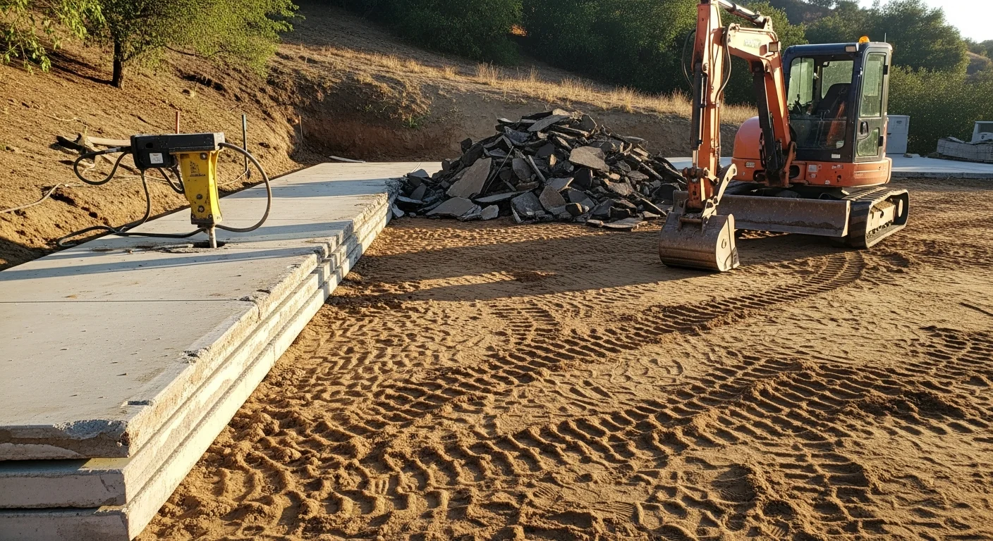 Excavation crew breaking out a cracked concrete driveway slab on a residential property in Rancho Santa Fe, California. Heavy equipment loads demolished concrete debris for hauling, with exposed subgrade visible and ready for grading.