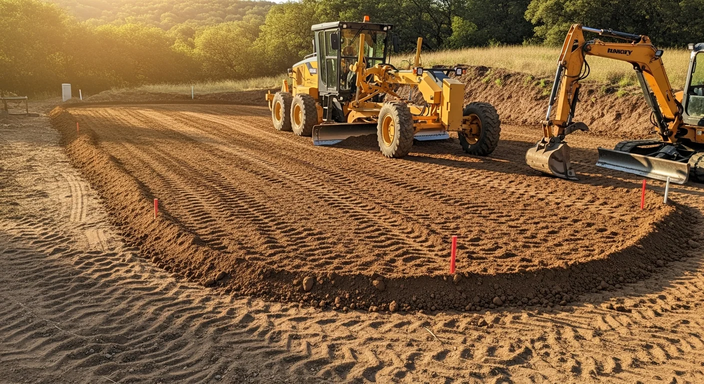 A freshly finish-graded residential lot in Rancho Santa Fe, California, showing a smooth, evenly sloped soil surface with no debris, ready for landscaping or concrete flatwork. An excavator from Blackline Dirt and Demo is staged at the edge of the graded pad.