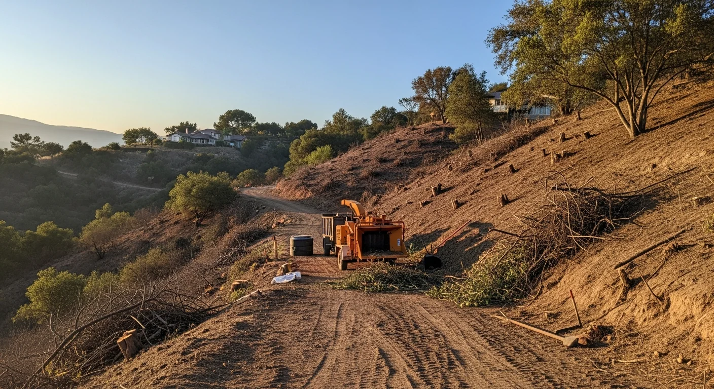 A cleared hillside parcel in Rancho Santa Fe showing 100 feet of managed defensible space around a large estate home, with thinned native vegetation and bare soil zones visible between the structure and surrounding brush. Dead vegetation and eucalyptus debris have been removed, leaving clean sight lines across the sloped property.