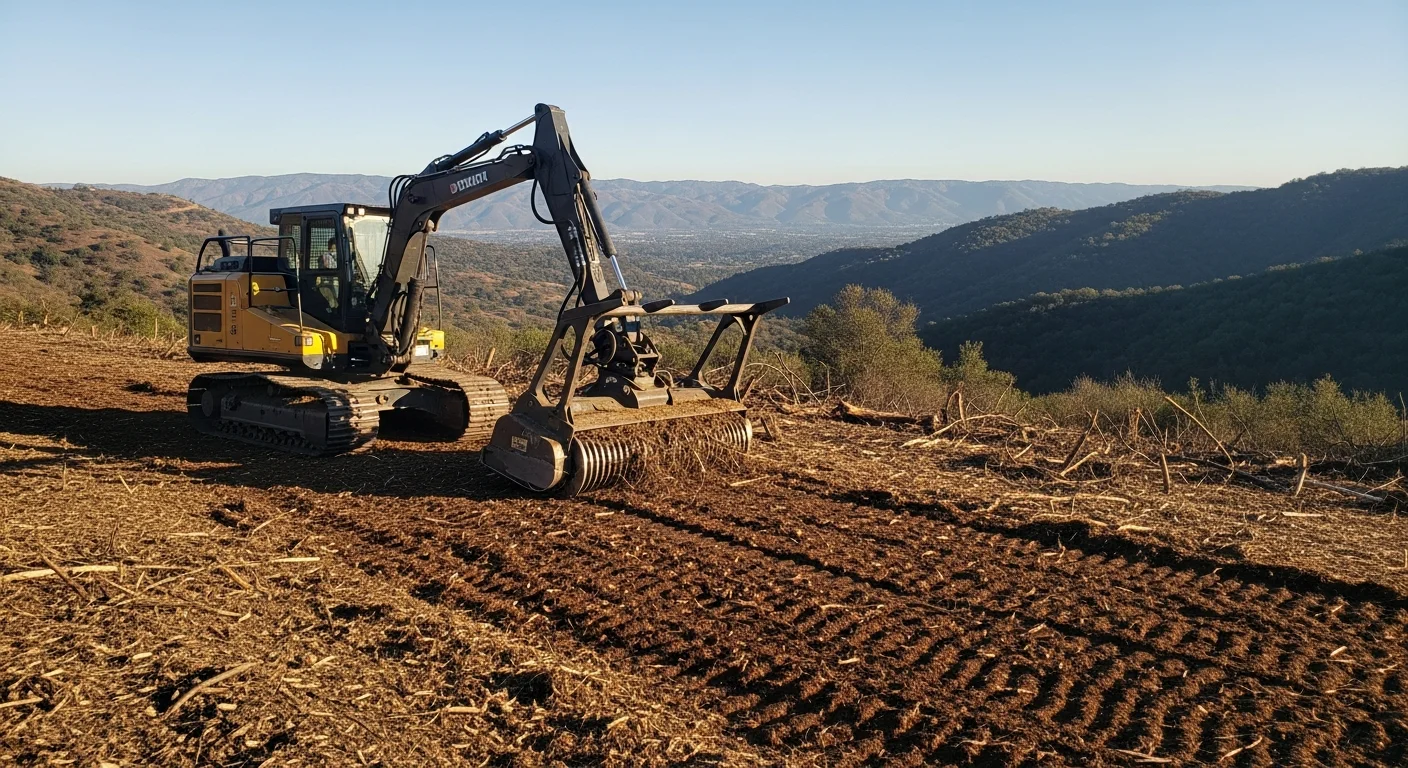 A tracked forestry mulcher clearing dense brush and overgrown scrub vegetation on a sloped residential parcel in Rancho Santa Fe, California. The cleared ground shows a layer of wood chip mulch with mature trees left standing in the background.