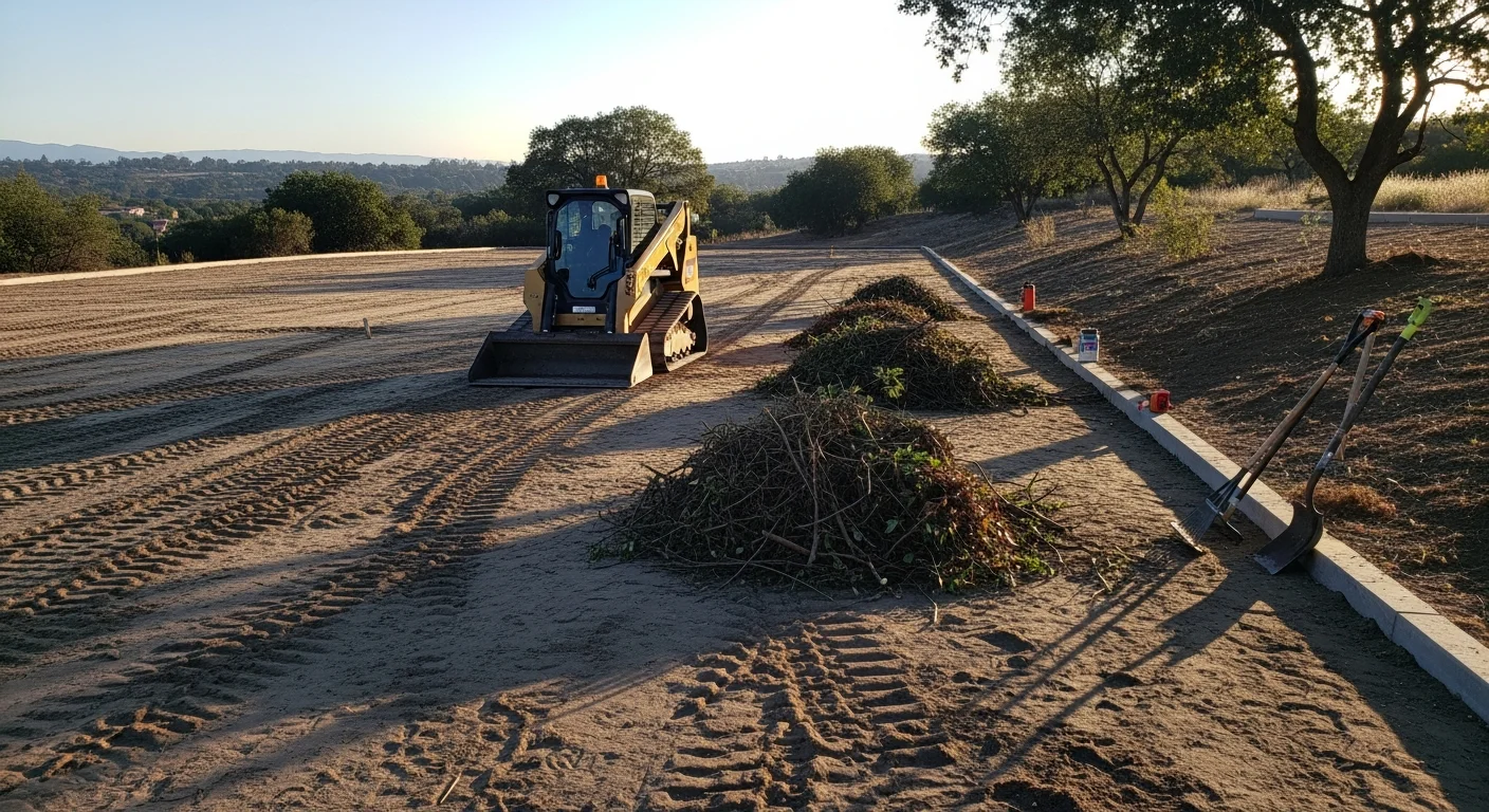 A cleared and graded HOA common area in Rancho Santa Fe with trimmed vegetation along a shared trail easement and clean drainage channels visible along the perimeter. A Blackline Dirt and Demo crew works on debris removal near a shared landscape buffer in a Rancho Santa Fe gated community.