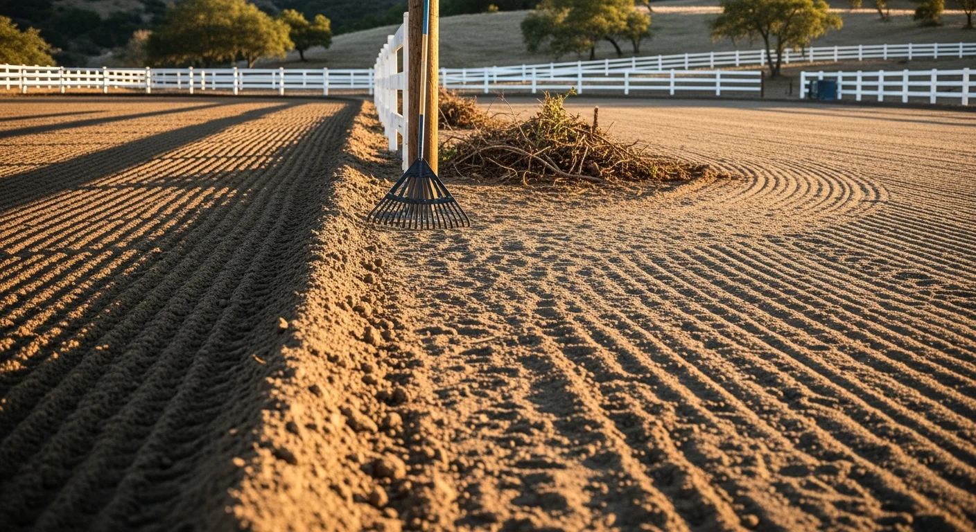 A graded and leveled paddock on a multi-acre horse property in Rancho Santa Fe, with cleared fence lines and a barn structure visible in the background. The surrounding landscape reflects the rural estate character typical of Covenant-area equestrian properties.