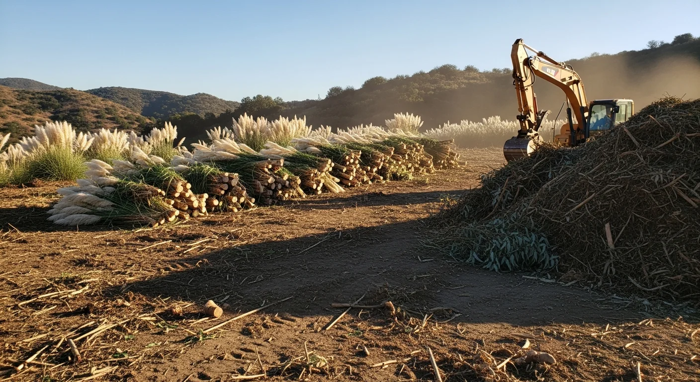 A cleared Rancho Santa Fe property after invasive eucalyptus and overgrown brush removal, showing open land with bare soil and clean sight lines. Heavy equipment from Blackline Dirt and Demo is visible at the edge of the cleared area.
