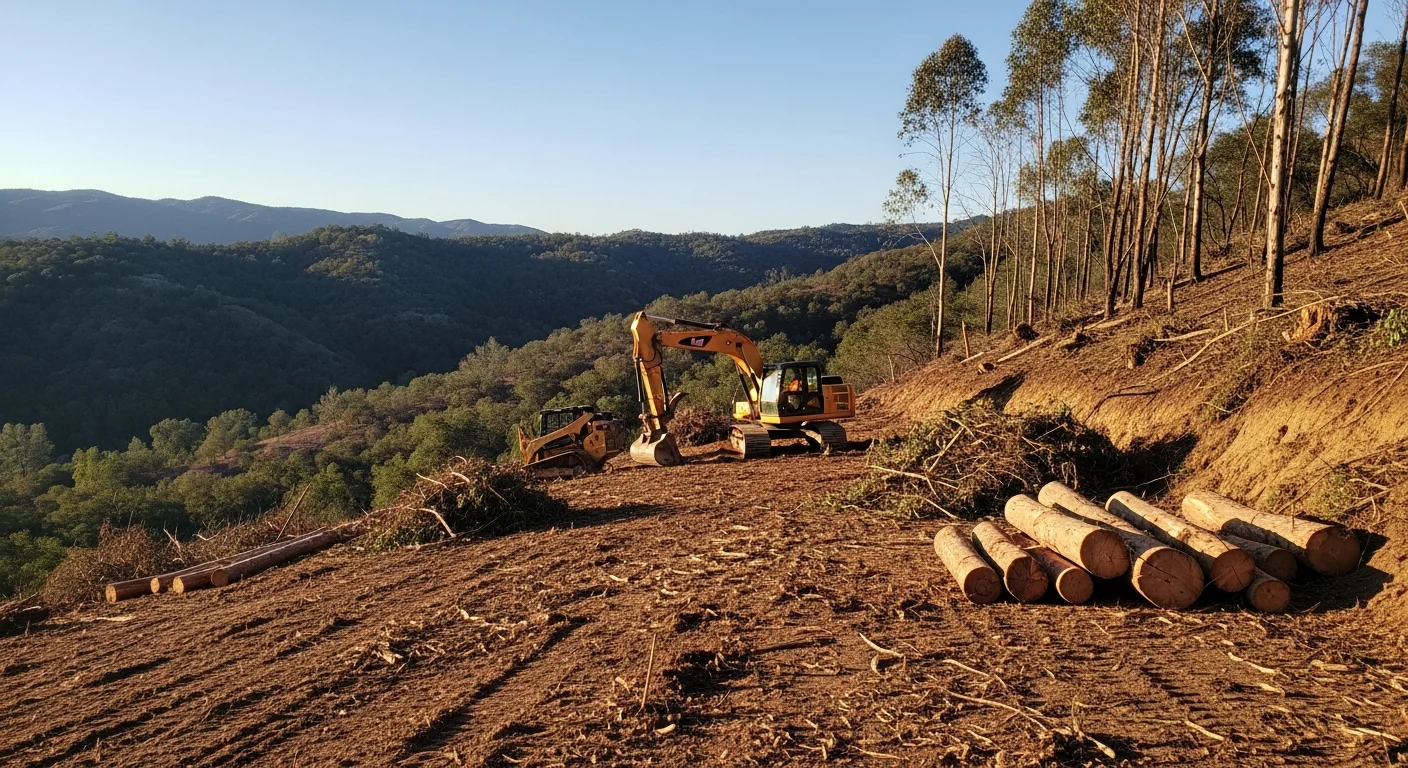 A large multi-acre parcel in Rancho Santa Fe after professional land clearing, showing exposed graded terrain with removed brush and eucalyptus on a gently sloping hillside lot. Heavy equipment tracks are visible across the cleared site, with surrounding native vegetation and rolling hills in the background.