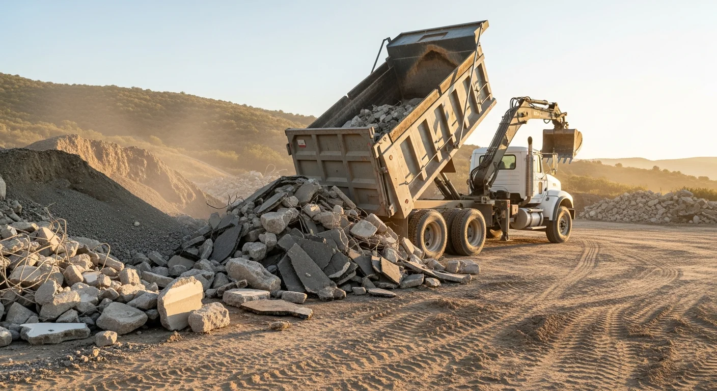 A dump truck loaded with demolition debris parked on a large residential property in Rancho Santa Fe, California. The surrounding landscape and gated driveway are undisturbed after the haul.