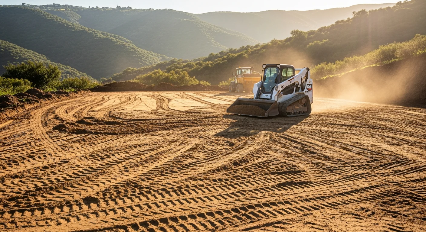 A skid-steer spreading bulk fill material across a graded lot on a large residential property in Rancho Santa Fe, California. The surrounding terrain shows cleared ground ready for the next phase of construction.