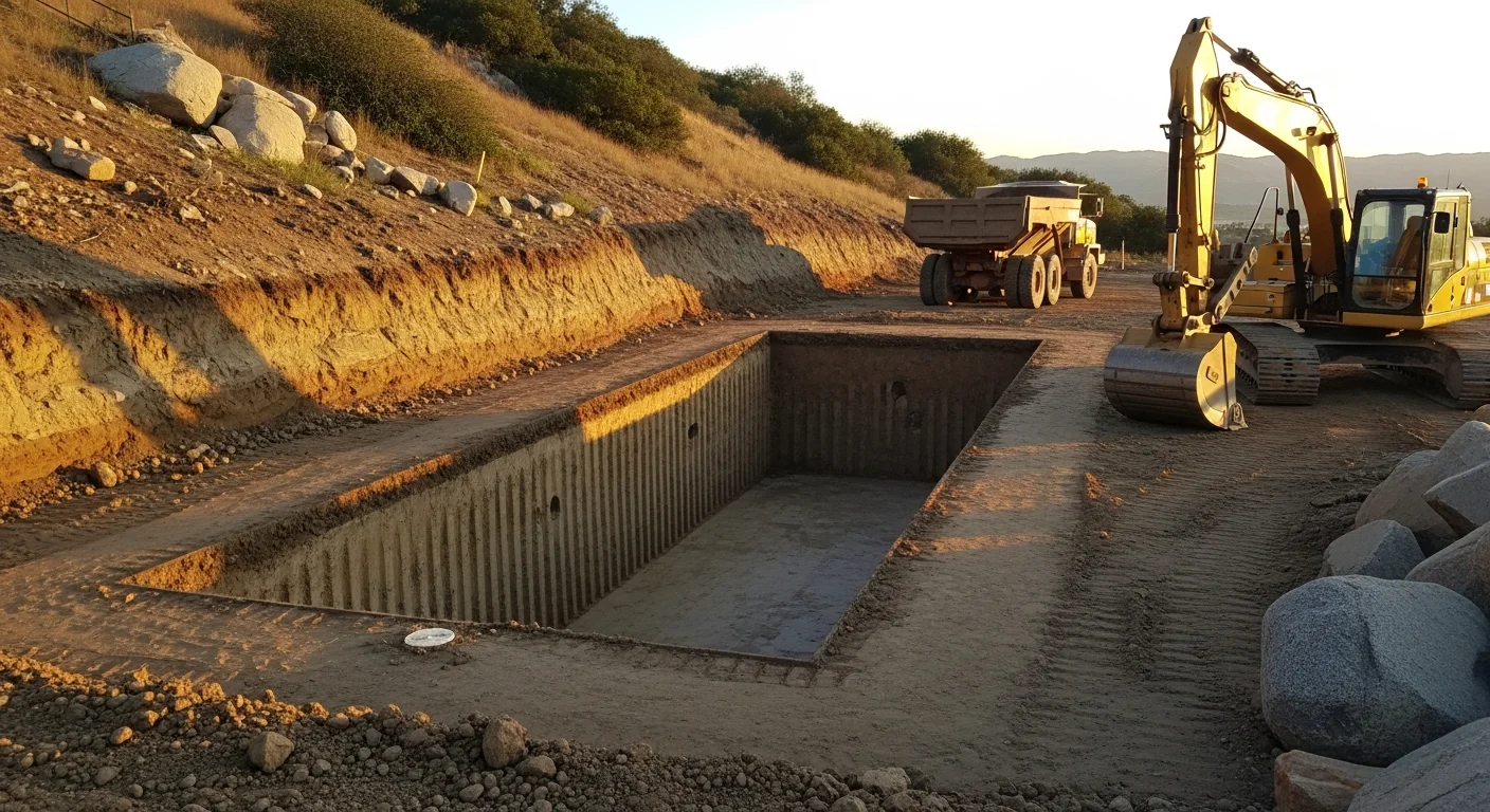 A freshly excavated rectangular pool hole on a residential estate lot in Rancho Santa Fe, with clean-cut soil walls and excavated material staged for removal. A tracked excavator sits at the edge of the dig site against a backdrop of rolling North County San Diego hillside.