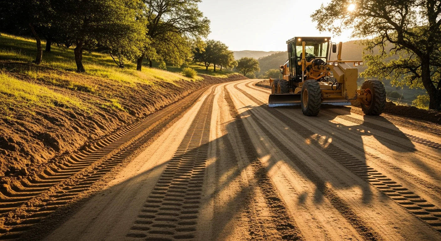 A freshly graded private road on a large Rancho Santa Fe property, showing a smooth compacted surface with defined edges and cleared drainage channels along both sides. The road runs through open land typical of the area's large rural parcels.