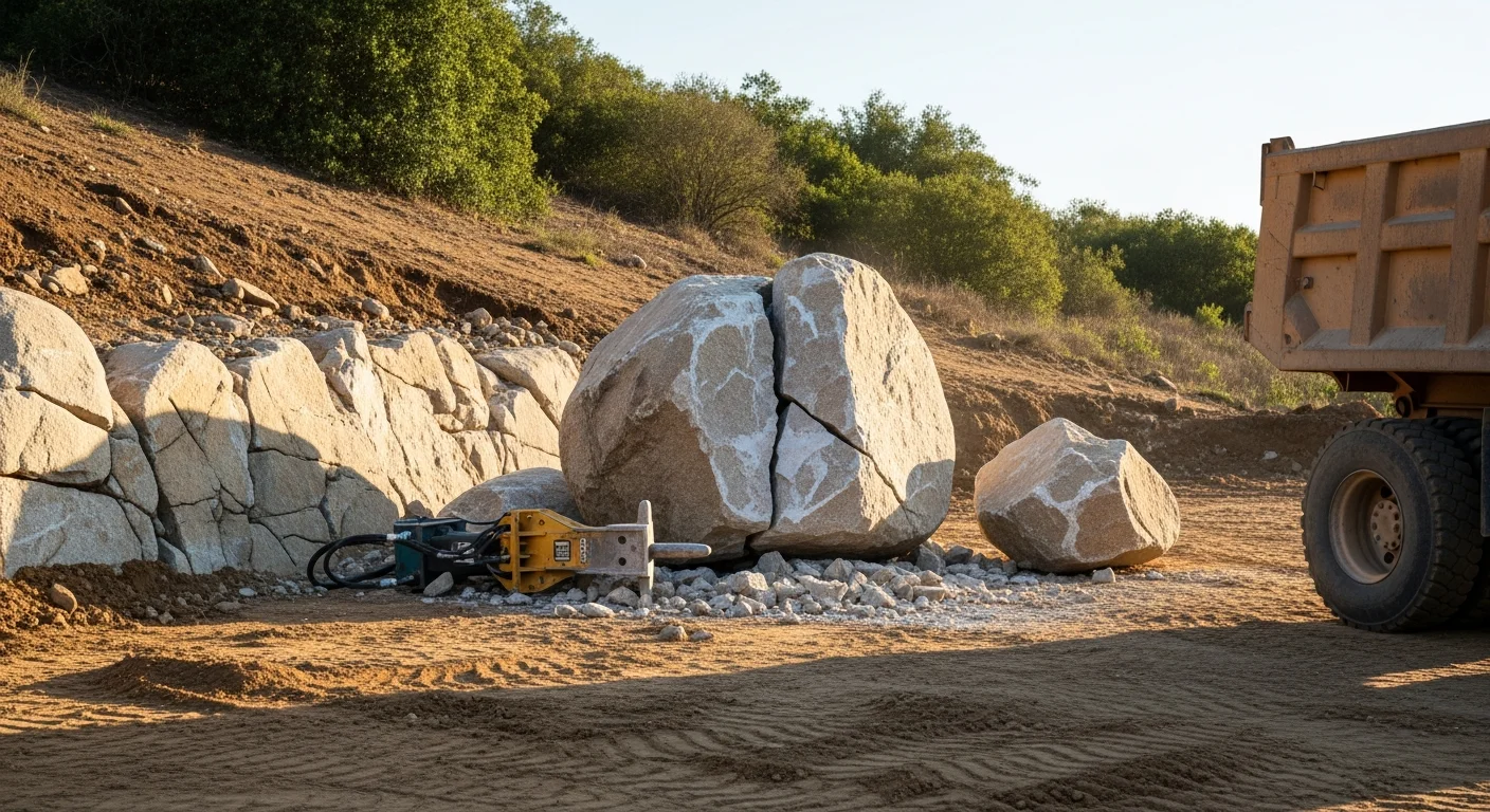 A tracked excavator breaking apart and loading a large granite boulder on a sloped Rancho Santa Fe property. The cleared area shows exposed ground ready for grading or landscaping.