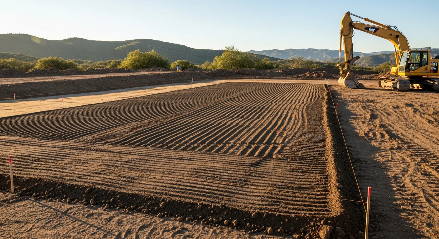 A large residential lot in Rancho Santa Fe with freshly cut and compacted earth showing a level building pad carved into rolling terrain. Heavy equipment tracks are visible across the graded surface, with surrounding native hillside in the background.