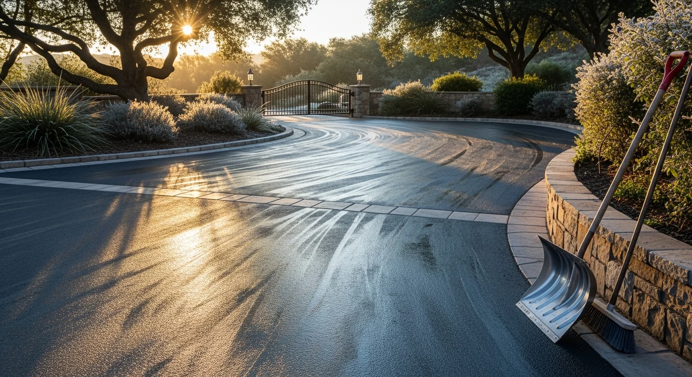 A cleared residential driveway and stone walkway on a large Rancho Santa Fe estate after an overnight frost event. Ice and debris have been removed from the entry path leading to the front gate.