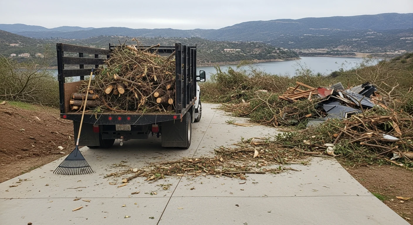 A Rancho Santa Fe estate driveway cleared of large fallen tree limbs and wind-scattered debris after a storm. A Blackline Dirt and Demo crew loads bulk debris into a haul-off truck on a wide residential lot.