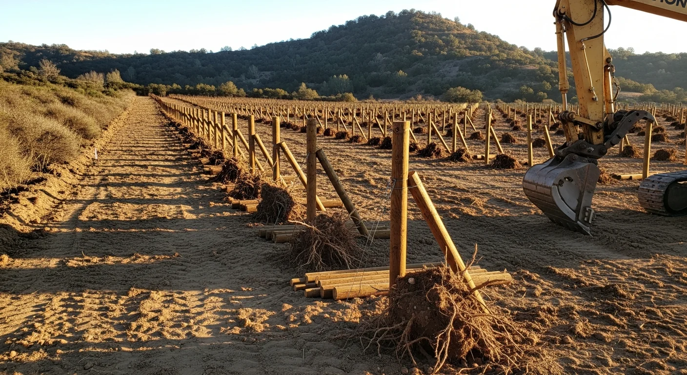 A cleared and graded hillside parcel in Rancho Santa Fe after vineyard removal, with old vine rows and root systems fully extracted and the soil leveled for future use. Heavy equipment tracks are visible across the granitic soil, showing the scale of the clearing work completed by Blackline Dirt and Demo.