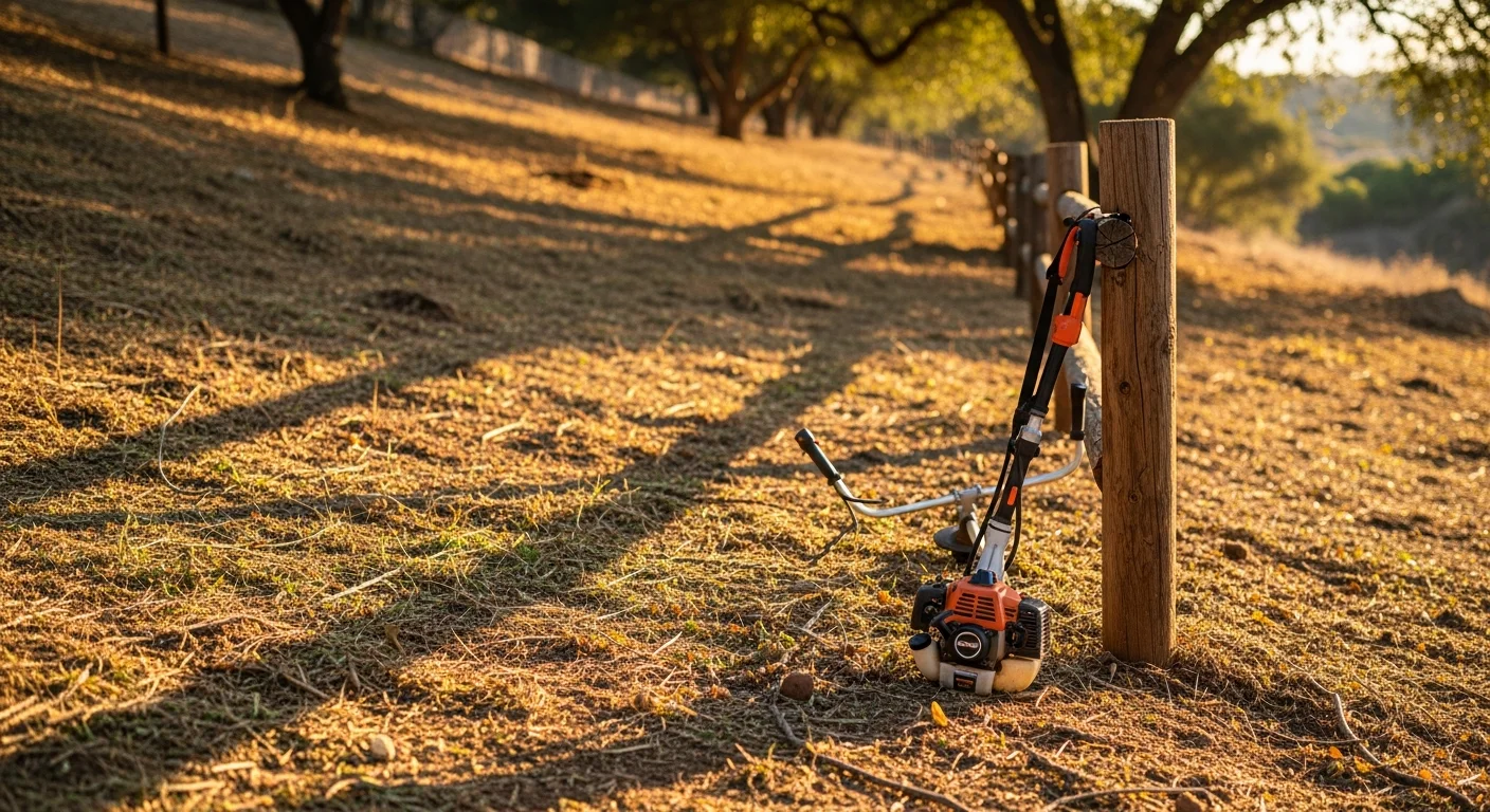 A cleared residential parcel in Rancho Santa Fe showing dry grass and brush removed from the defensible space zone around a hillside structure. Land clearing equipment is visible on the sloped terrain with bare soil exposed along the property boundary.